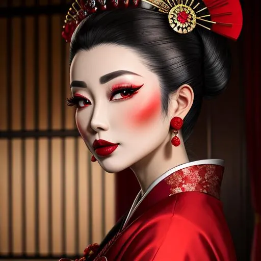 Prompt: Ruby lady-a geisha all in red, full face, elegant, facial closeup