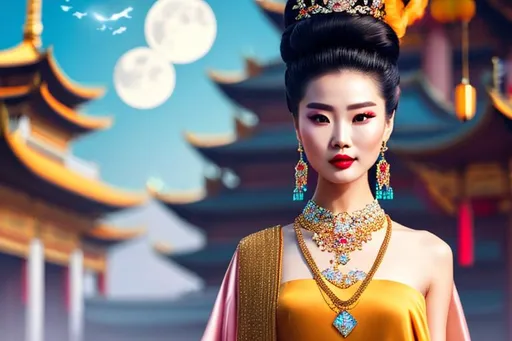 Prompt: head-on, surreal cartoon, high fashionista pose, glossy, walking toward viewer, stunning Chinese queen with hair pulled back into a bun, she is dressed like a summer queen, dramatic jewelry, statement necklace, background is architecture lit by the moon,  trending on artstation