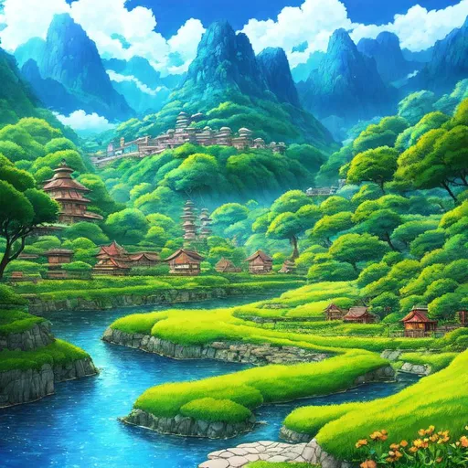 Prompt: Ghibli landscape, in the style of Hayao Miyazaki, ultra high definition, intricate details, wallpaper, 8K