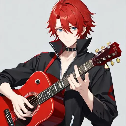 Prompt: Zerif 1male (Red side-swept hair covering his right eye) playing the guitar