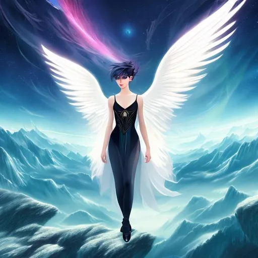 Prompt: masterpiece, illustration, best quality), 1 singular Beautiful androgynous, with wings, pixie style haircut, modern fashion, flying above a field of stars on a foreign planet 