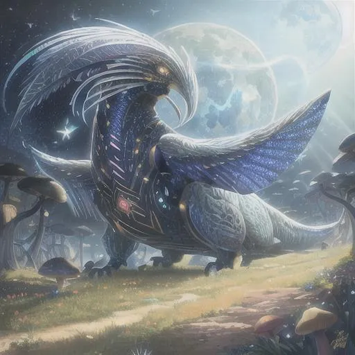 Prompt: Full-body detailed masterpiece, fantasy, high-res, quality upscaled image, perfect composition, bird-like alien, feathers, Anunnaki, 18k composition, 16k, 2D image, cell-shaded, blue moonlight background, slander, wormhole, cybernetic appendages, mushroom kingdom, cosmic, sandworm, 