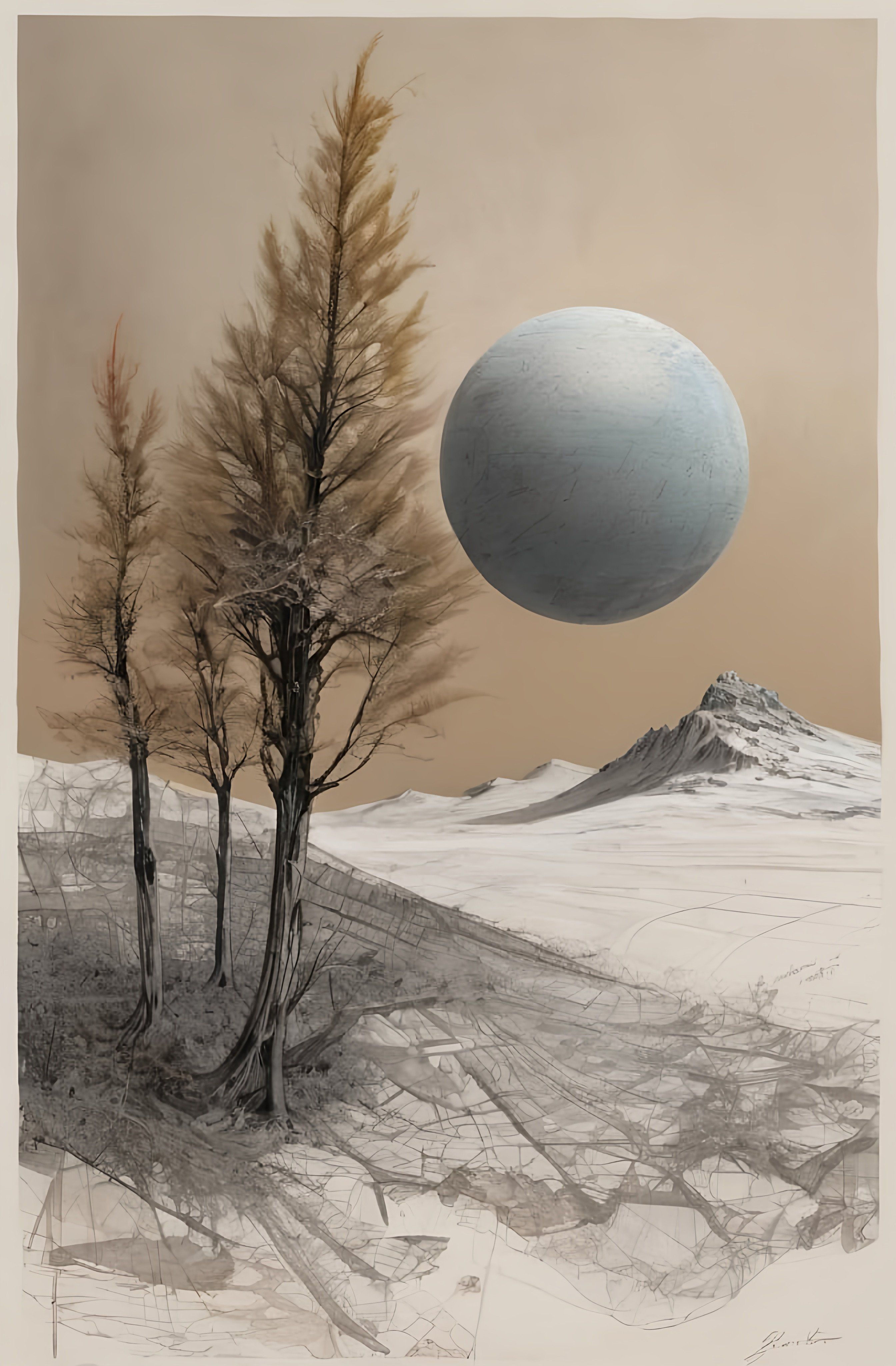 Prompt: a painting of a landscape with a large object above a tree and a mountain in the background with a brown sky, sepia painting
