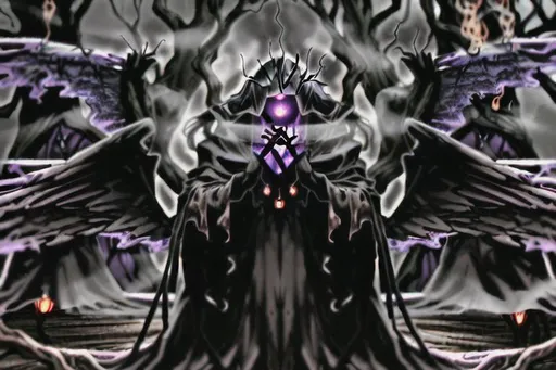 Prompt: A old demonic brown wooden tree resembling a female angel with a long black cloak and a ginormous pointed crow head on the top. It has eyes all over the tree with purple mist coming out of the eye sockets with faces screaming inside the smoke. The tree also has thousands of wings made out of rusted metal.