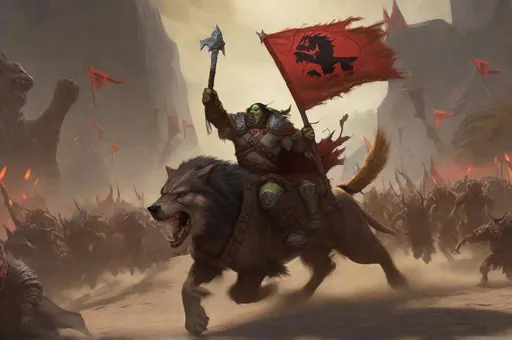 Prompt: a warcraft orc carrying a horde banner into battle, riding a wolf, charging across a dusty battlefield