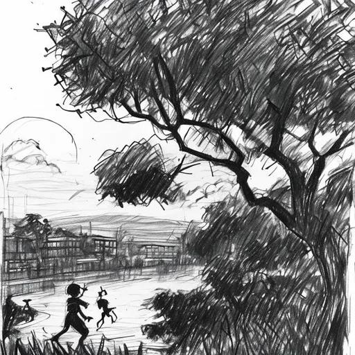 Prompt: A quick dark sketch of a boy causing another boy to fall of a tree as they are standing on an overhanging branch overlooking a flowing clear river on a sunset day which modern colours and a dominant black. In the background there will be a prominent borading school building with the grass and sky