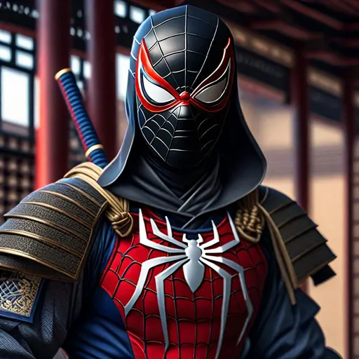 Prompt: Portrait of {Ninja spiderman} in  {edo era Japan}, perfect composition, hyperrealistic, super detailed, 8k, high quality, trending art, trending on artstation, sharp focus, studio photo, intricate details, highly detailed,happy face, by greg rutkowski