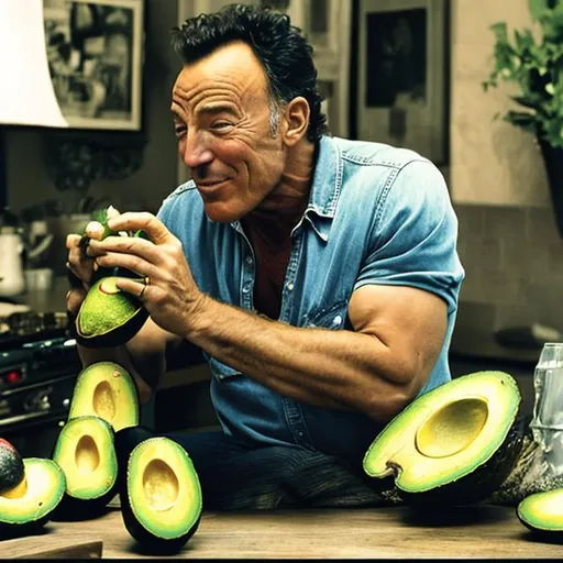 Prompt: Bruce Springsteen eating avocado