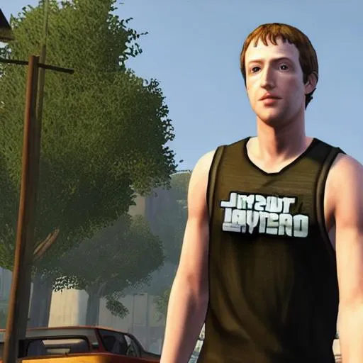 Prompt: Grand Theft Auto San Andreas (2004) awkward cutscene mod featuring Mark Zuckerberg cosplaying as CJ Carl Johnson from GTA San Andreas, white sleeveless tanktop, player model, grove st, mod, focus on face, protagonist, ghetto, psp screenshot, ps1 gameplay, Dreamcast graphics, San Andreas Mod, GTA SA, Compton, curly Caesar haircut, Ps2, meme