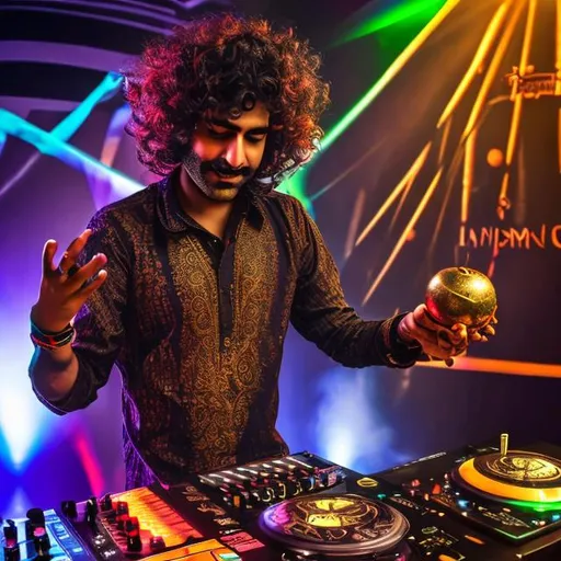 Prompt: An indian dj with curly hair, holding a bronze goblet in one hand and disk scratching with the other. 