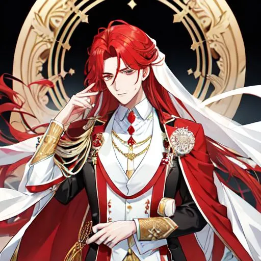 Prompt: Zerif 1male (Red side-swept hair covering his right eye) wearing a royal suit, white shawl, wedding