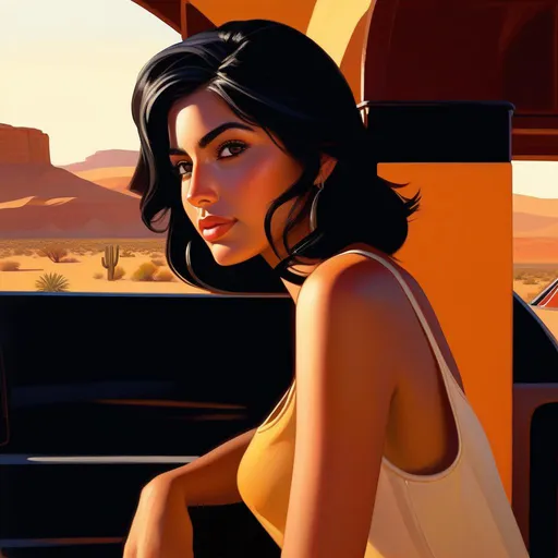 Prompt: Third person, gameplay, Mexican-American girl, olive skin, black hair, brown eyes, modern, New Mexico, desert, sunny hot weather, warm atmosphere, cartoony style, extremely detailed painting by Greg Rutkowski and by Henry Justice Ford and by Steve Henderson 

