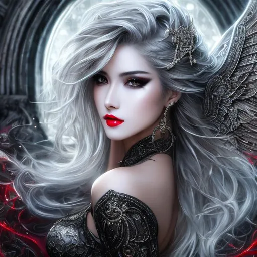 Prompt: splash art, by Luis Royo, hyper detailed perfect face,

beautiful kpop idol, diablo succubus, full body, long legs, perfect body,

high-resolution cute face, perfect proportions, smiling, intricate hyperdetailed hair, light makeup, sparkling, highly detailed, intricate hyperdetailed red eyes,  red lips

Elegant, ethereal, graceful,

HDR, UHD, high res, 64k, cinematic lighting, special effects, hd octane render, professional photograph, studio lighting, trending on artstation

