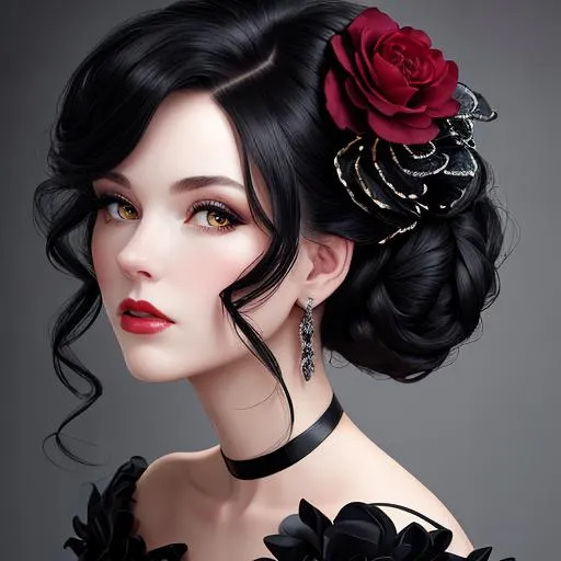 Prompt: Beautiful woman portrait wearing a black evening gown,  black hair, dark eyes, ruby jewelry,elaborate updo hairstyle adorned with flowers, facial closeup