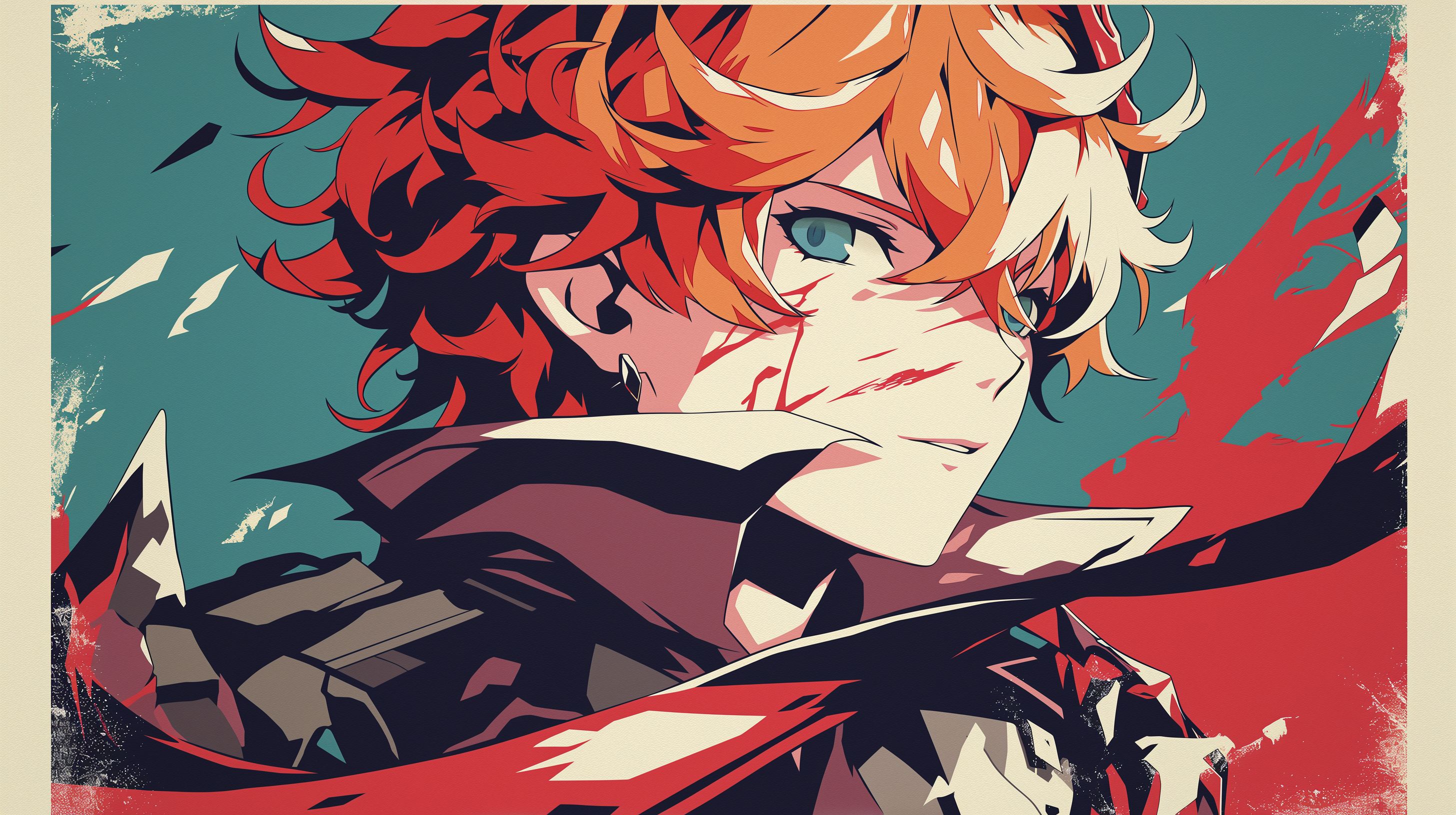 Prompt: Tartaglia from Genshin Impact, Persona 5 style, Short messy ginger hair with Ahoge that falls between the eyes, dark blue eyes, red diamond earing on right side, aged japanese vintage woodblock print style, water color brush strokes, vector, dynamic pose, thick white border, shades of red and black --ar 16:9 --niji 6