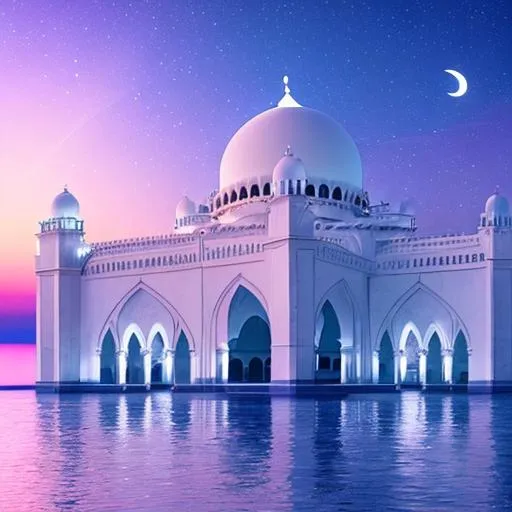 Prompt: Ocean surface as ground, a beautiful white marble grand mosque on clouds in the sky, night sky with Crescent moon shining extremely bright in background, with pink-blue color theme, 4k, 8k, HDR, Photorealistic, realistic