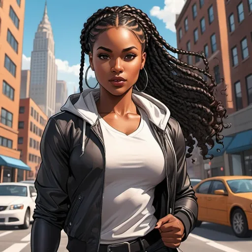 Prompt: (comic book illustration), portrait, dark-skin black female character, mid 20s, gorgeous feminine facial features, long braided hair, athletic build, wearing stylish clothes, displaying intelligence, city background, high detail, emphasizing strength and richness, capturing a powerful and energetic essence, engaging and inspiring atmosphere, HD quality.