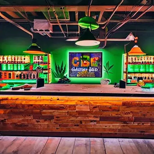 Prompt: create an interior of the cannabis shop, a centered image with a bar, and shelves with CBD products. Orange, green, red, lights,  cartoon looking art
