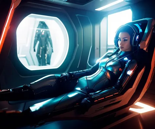 Prompt: a spaceship cyborg pilot in a transparent suit, laying down in a chair, in a cyberpunk setting, cyborg, implants, high details, realistic , professionally colour graded, photorealism, 8k, grim dark lighting, art by the Caravage