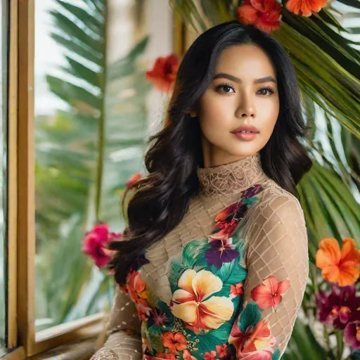 Prompt: RAW photo, pretty young Indonesian woman, 25 year old, (round face, almond-shaped brown eyes, small delicate nose, long wavy black hair), (long-sleeve high neck dress, mesh top, colorful flower design), perfect hourglass figure, dynamic pose, indoors by window, view of tropical mountains, masterpiece, intricate detail, photorealism, octane render, hyper-realistic, octane render, 16K, award-winning photograph, UHD, HDR