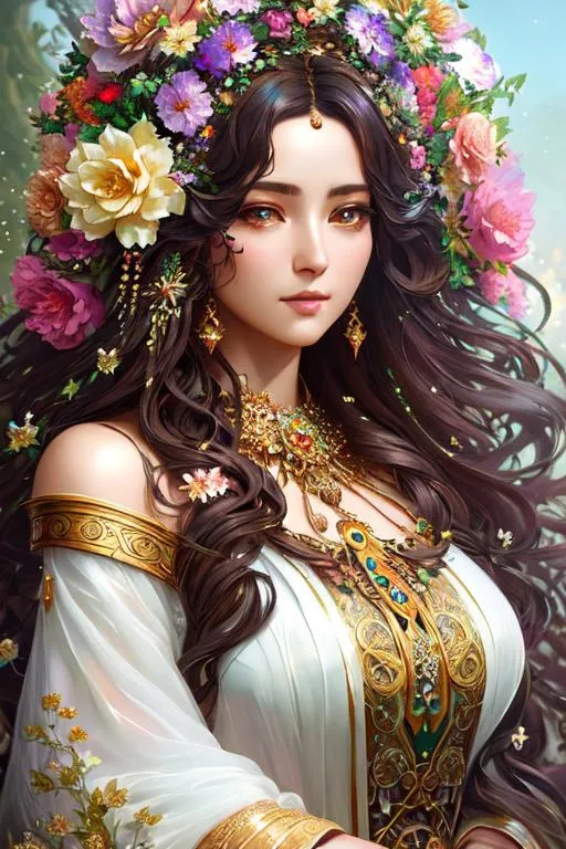 Prompt:  Insanely detailed elaborate beautiful Gaia goddess with flower dress, intricate face, beautiful long curly hair ,hyper detailed painting by Ismail Inceoglu Huang Guangjian and Dan Witz CGSociety ZBrush Central fantasy art album cover art 4K 64 megapixels 8K resolution HDR Greek light colours jewelry celestial powers