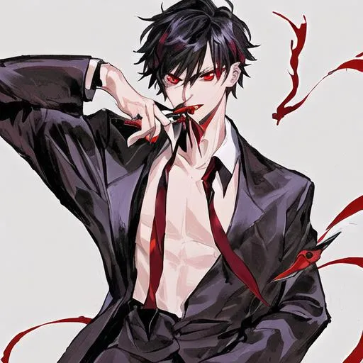 Prompt: Damien  (male, short black hair, red eyes) holding a knife up to his mouth 
