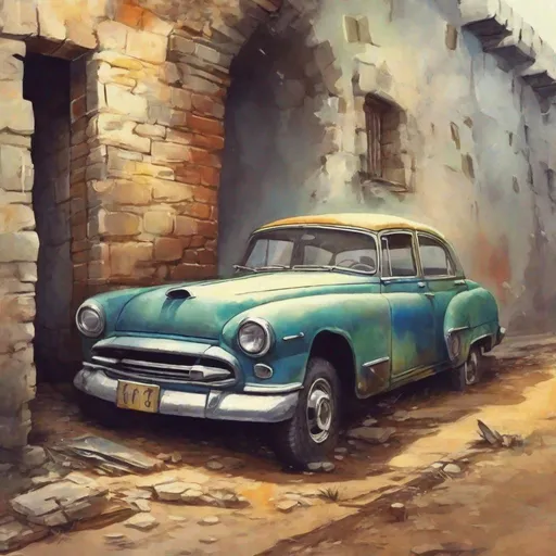 Prompt: an old car emerged from inside the wall, illustration, painting color