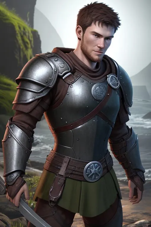 Prompt: Digital art, ((bright colors)) (((DreamShaper Version 1))), a 21-year-old viking man, subtle smile, round head, round face, short dark brown hair, brown hair, muscular, viking forest, green gear, silver armor, light green eyes, Tidal Class seal on chest armor, unreal engine 8k octane, 3d lighting.
