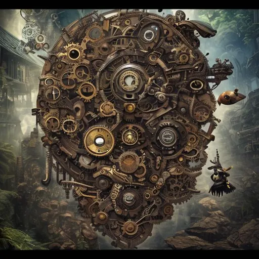 Prompt: Create steampunk, Naoto, Hattori, extreme detail, professional  Mandala, Dmt art, cranium, motorcycle, waterfield, waterfall in the background, prehistoric birds, small futuristic dogs, high hills, no weapon formed against me shall prosper, 4k, ED quality