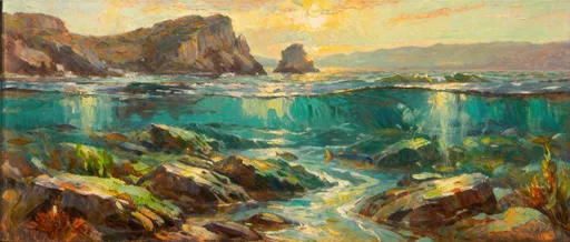 Prompt: Underwater landscape, painted in the style of Edgar Payne, oil painting, impressionistic brushstrokes, dramatic underwater landscape, vibrant warm tones, light effect on the surface of the water. Below the surface, rocky formations extend with green and brown seaweed, a few Atlantic fish, and sunlight filtering through the waves. The style should echo the great impressionist painters, with visible brushstrokes, rich colors, and a poetic atmosphere.