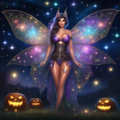 Prompt: An incredible, full body image of a stunningly beautiful, hyper realistic, buxom woman with bright eyes wearing a sparkly, glowing, skimpy, sheer, fairy, witches outfit on a breathtaking night with stars and colors with glowing, detailed sprites flying about