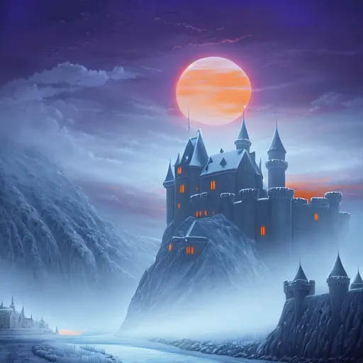 Prompt: digital art of a dark and sinister Far away castle with orange sunset and a frozen river