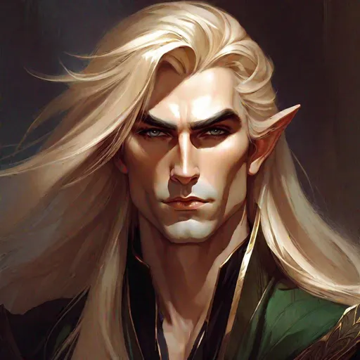 Prompt:  portrait of male elf long straight loose blonde hair, loose hair, beautiful male face, slim, long pointy ears, sharp art, dark colors, correct anatomy, angry, clothing is royal, dark palette, grim, simple background art by artgerm and greg rutkowski and alphonse mucha