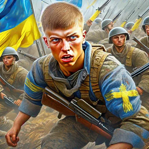 Prompt: digital super-detailed photorealistic picture represent  "Young guy in battle for Ukrainian freedom ". full-body picture with a detailed face`s zones. Multi-contrasts (scene plans and elements, colors, lights, forms, lines, rhythms, negative and positive space). Crisp quality in added Ukrainian modern cultural elements. Holographic effect on solid surfaces. Composition, Structures, Edges are based on Fractals and Fibonacci set