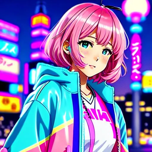 Prompt: vaporwave japan city night time anime girl in varsity jacket  pink, yellow, cyan