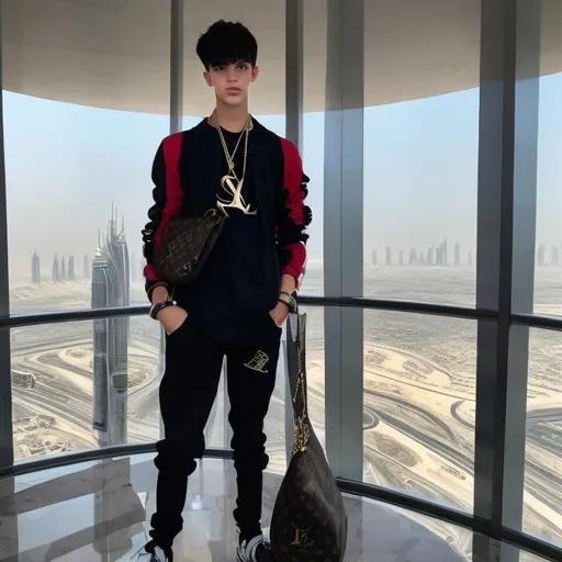 Prompt: a 16 year old kid in a skyscraper in dubai with dior clothes and a louis vuitton bag with money in his hands
