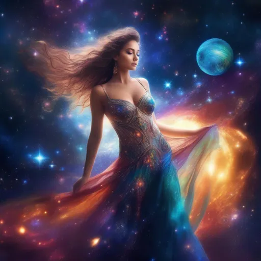 Prompt: colorful, sparkly, exquisite, glowing Goddess in a flowing, filmy dress, incredible all body form of a incredible bodied, incredibly beautiful faced woman with a buxom perfect body falling backwards through space, nebulas, stars, planets, the milky way and galaxies