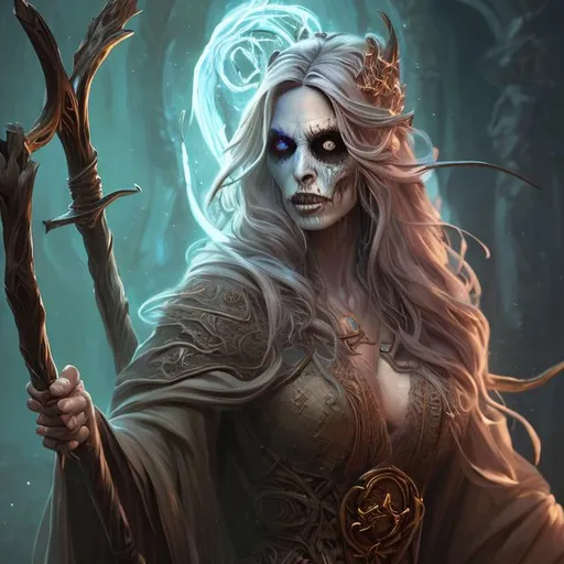Prompt: Full body splash art portrait of a female undead sorceress casting a spell, very long light brown hair, wearing long light-colored iridescent robe, carrying a wooden staff, D&D, fantasy, intricate, highly detailed, sharp focus, digital painting, artstation, concept art, 4k, 8k