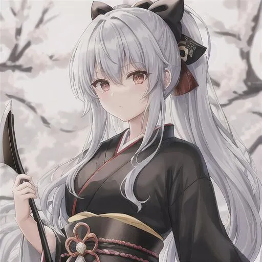 Prompt: Black bow, arrows, human, Taishō era, beautiful haori, demon slayer inspired outfit, Japanese styled outfit, silver hair