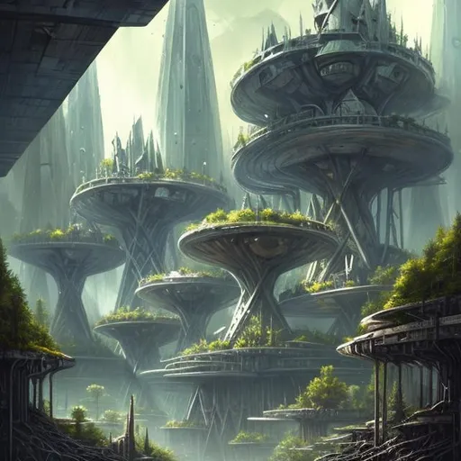 Prompt:  fantasy art style, painting, hourglass, brutalist architecture, brutalism, brutalist building, greenhouse, monolith, futuristic, terrarium, vivarium, utopia, plants, trees, tall trees, forest, dense forest, overgrown, spaceship, spacecraft