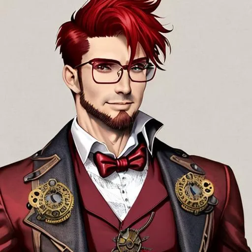 Prompt: A steampunk wizard with cherry red short hair and glasses, a very muscular, broad-shouldered body fitted into a dressy suit, and a lascivious smirk.
