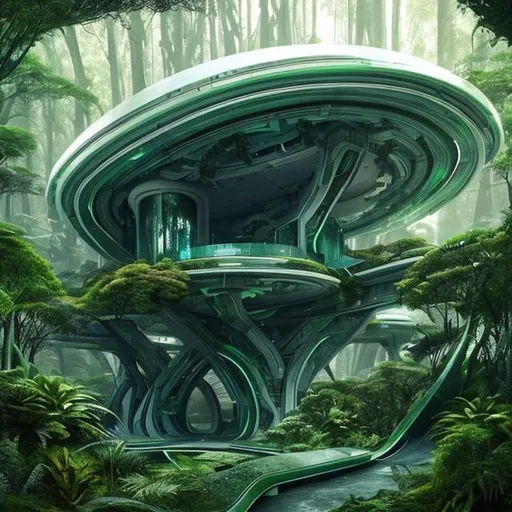 Prompt: a futuristic building in the middle of a forest, beautiful!!! digital art, archways made of lush greenery, eden at dawn, inspired by Raymond Teague Cowern, overpass, interconnected human lifeforms, lush mossy canyon, monochromatic green, retrofuturist