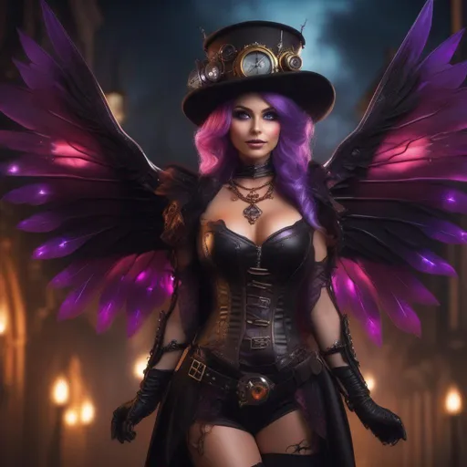 Prompt: Wide angle, 4k, 8k. Detailed Illustration. Full body in shot. Hyper realistic painting. Photo real. A beautiful, shapely woman with immaculate hands and vividly colorful, bright eyes. Shes a Steam Punk, gothic witch. A distinct Winged fairy, with a skimpy, colorful, gossamer, flowing outfit. On a picturesque Halloween night standing in a forest by a village. Concept art style. Matte painting. Epic. Cinematic. Style of Midjourney