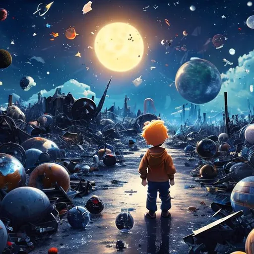 Prompt: A little boy leaved alone in another world space scrap yard