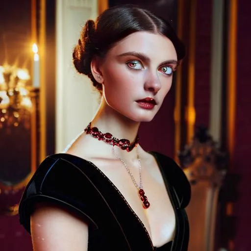 Prompt: A beautiful Victorian woman with dark hair and blue eyes, wearing a black gown and a garnet choker
