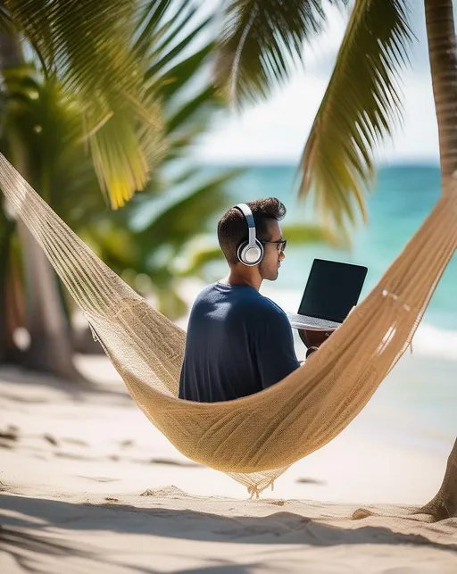 Prompt: A remote worker sitting relaxed on a tropical beach with coconut trees swaying in the breeze behind them. They type on a laptop while chilling in a hammock wearing headphones, focused yet comfortable. Natural lighting filters through the palm fronds. Shot with a Fujifilm X-T4 with 35mm lens. The mood is peaceful productivity and freedom. In the style of before-and-after storytelling photography.