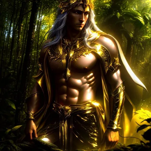 Prompt: 3D HD epic, dramatic, cinematic, vivid, [({one}{(Beautiful benevolent {god}Warrior {liquid}gold}, expansive magical forest background, hyper realistic, 8K --s98500