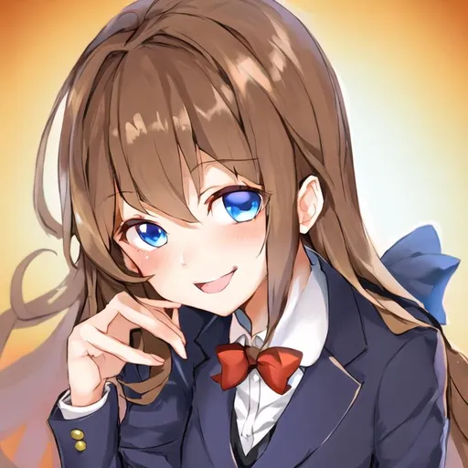 Prompt: Portrait of a cute girl with long, brown hair and blue eyes wearing a suit and winking 