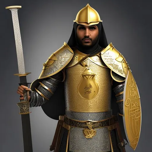 Prompt: An Arab knight holding two gold-plated swords and a black and gold shield



