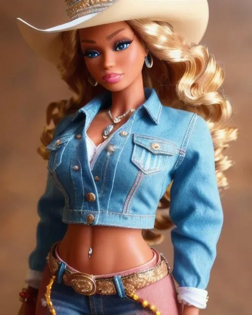 Prompt: upper body, walking pose, slow motion, close up, anatomical cinematic photo of a beautiful cowgirl barbie doll, mix of beyonce knowles and dolly parton, wavy hair, segmented model, mattel barbie aesthetic, made of plastic, segmented silicone doll, wearing a denim jacket, rustic western clothes, designer jeans, sheer cotton, crimson accent, push up blouse, ultra detailed, detailed plastic skin, studio lighting 